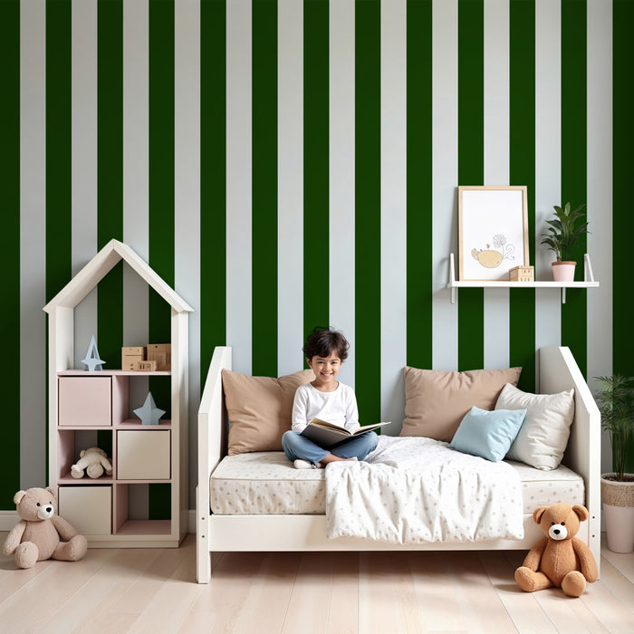 Papel pintado infantil | Rayas verticales verdes y blancas