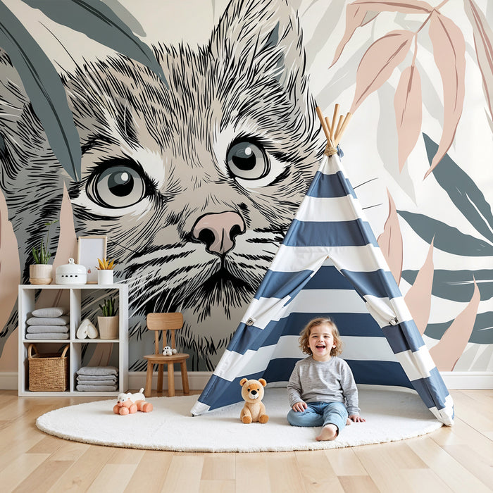 Papier peint chambre enfant | Regard curieux d'un chat dans la jungle