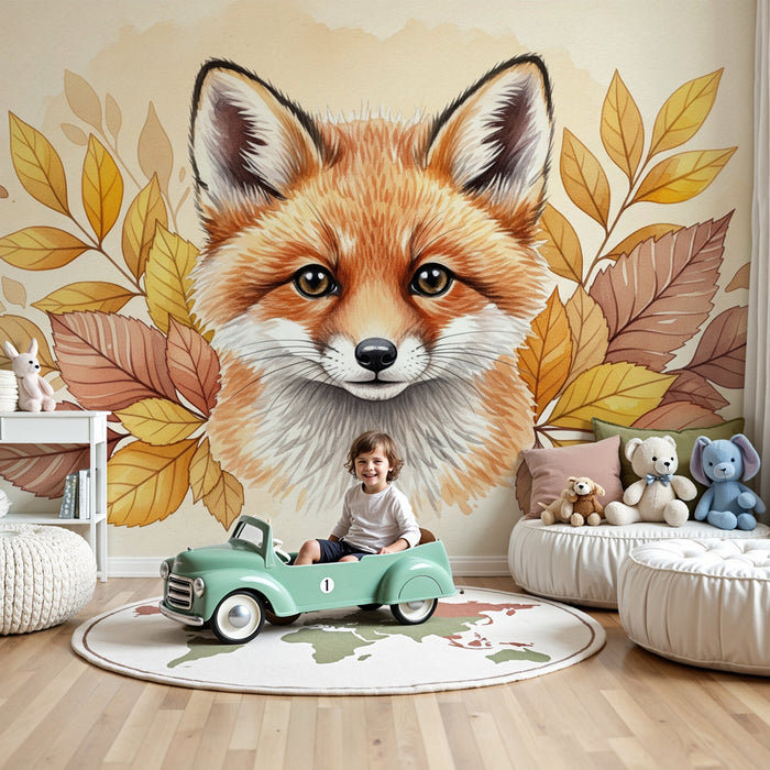 Papier peint chambre enfant | Renard artistique et feuilles d'automne