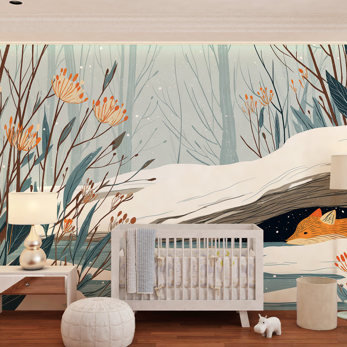 Kids room wallpaper | Fox resting in a winter landscape