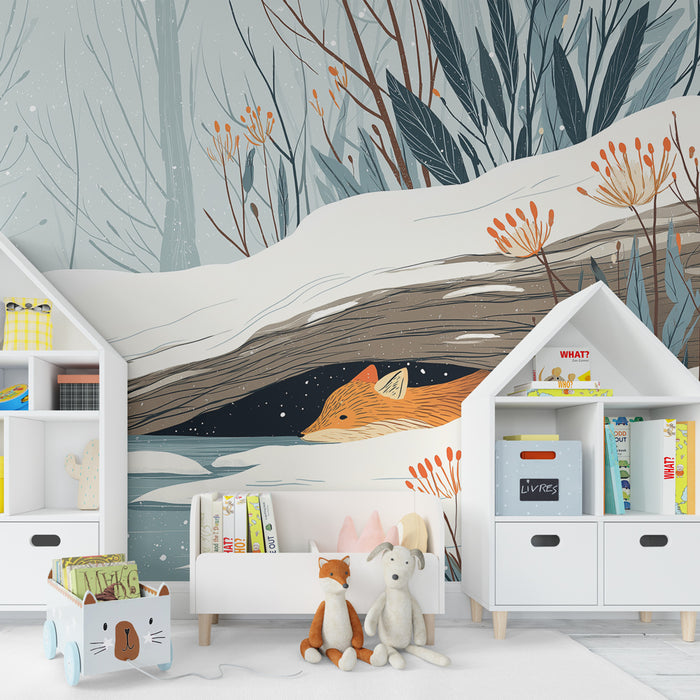 Kids room wallpaper | Fox resting in a winter landscape