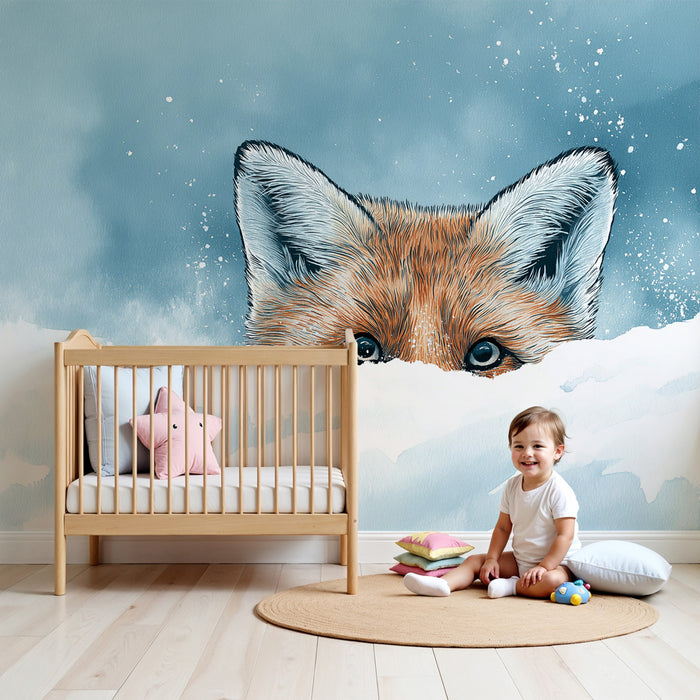 Papier peint chambre enfant | Renard curieux dans la neige