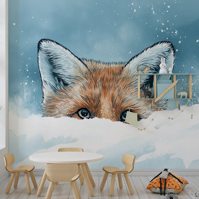 Papier peint chambre enfant | Renard curieux dans la neige