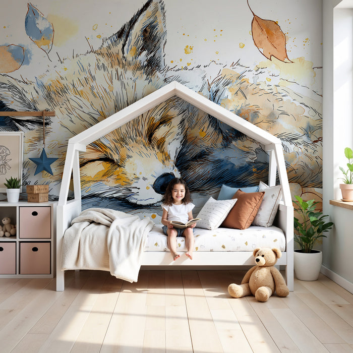 Papel pintado infantil | Zorro durmiendo en medio de las hojas