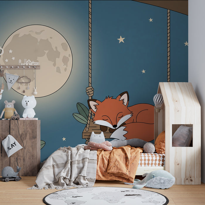 Kids room wallpaper | Sleeping fox under the moon