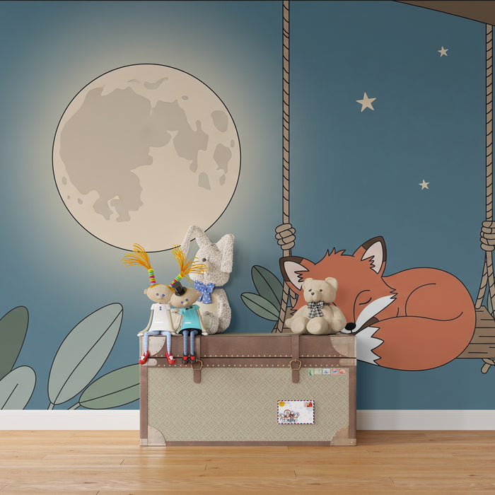 Kids room wallpaper | Sleeping fox under the moon