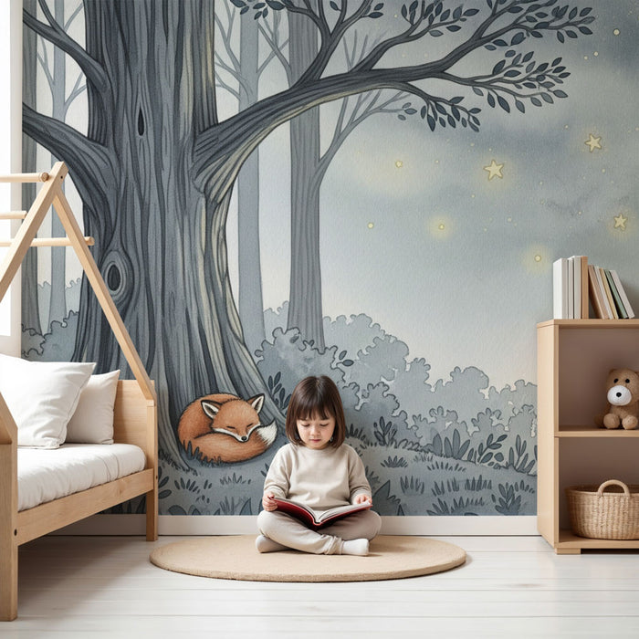 Papel pintado infantil | Zorro durmiendo bajo las estrellas