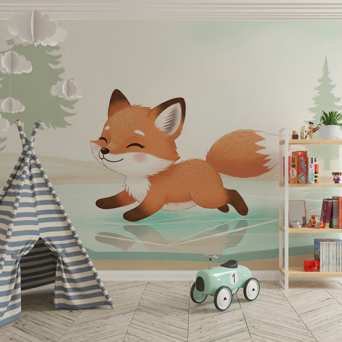 Kinderkamer behang | Speelse vos op het ijs