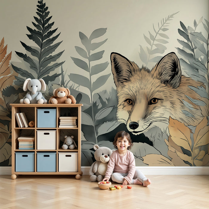Carta da parati bambini | Volpe e fogliame incantevole