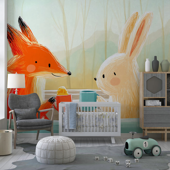 Kinderzimmer Tapete | Fuchs und Hase in Freundschaft