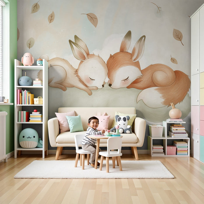Papier peint chambre enfant | Renard et lapin endormis sur un nuage