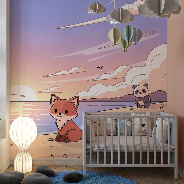 Papel pintado infantil | Zorro y panda al borde del mar