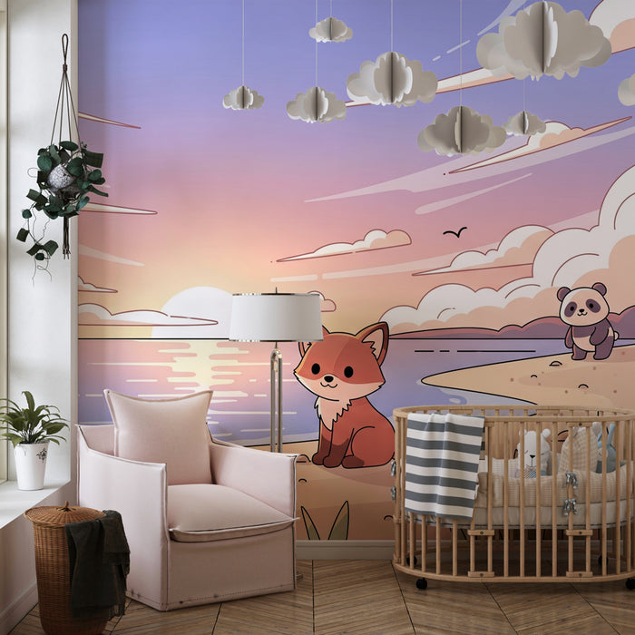 Papel pintado infantil | Zorro y panda al borde del mar