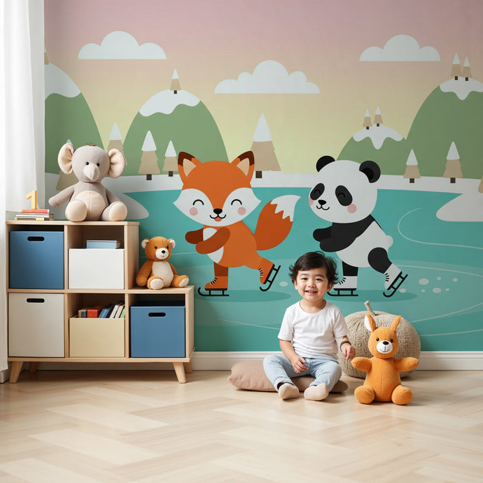 Dětská tapeta | Liška a panda bruslící na ledu