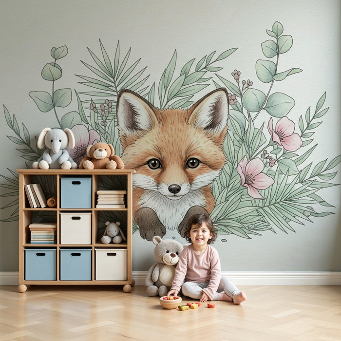 Papier peint chambre enfant | Renard mignon et fleurs délicates