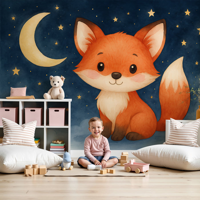 Kinderkamer behang | Schattige vos onder een sterrenhemel