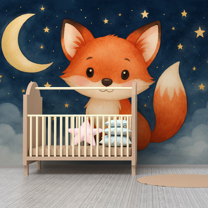 Papel de parede criança | Raposa fofa sob um céu estrelado