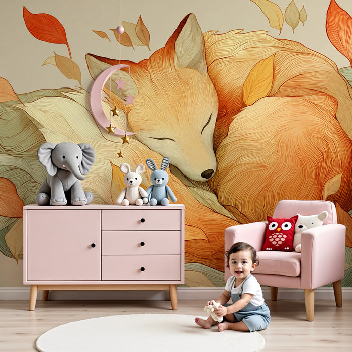 Papier peint chambre enfant | Renard paisible et feuillage coloré