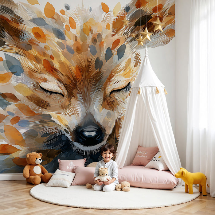 Kids room wallpaper | Peaceful fox and colorful leaves