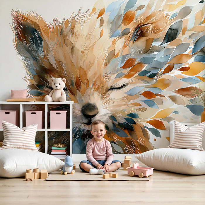 Kinderzimmer Tapete | Friedlicher Fuchs und bunte fliegende Blätter