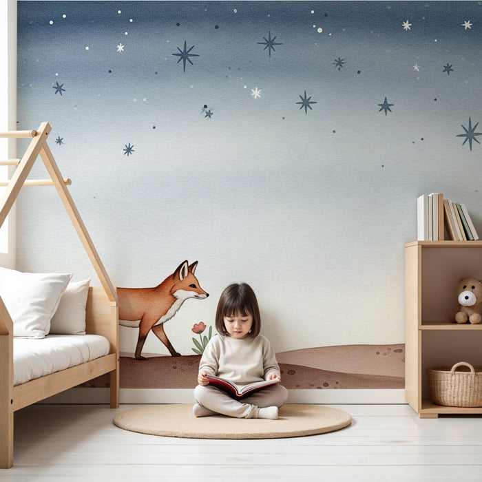 Papier peint chambre enfant | Renard sous un ciel étoilé