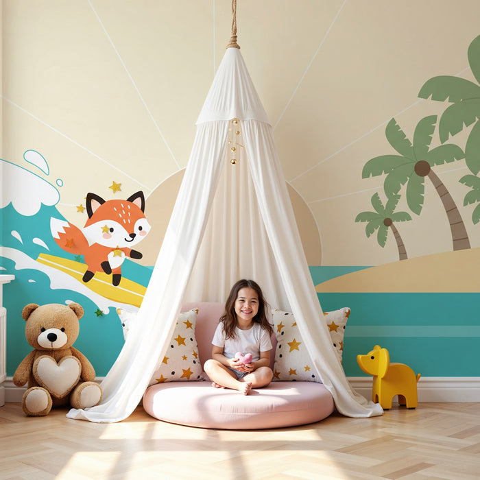 Papier peint chambre enfant | Renard surfeur et plage tropicale