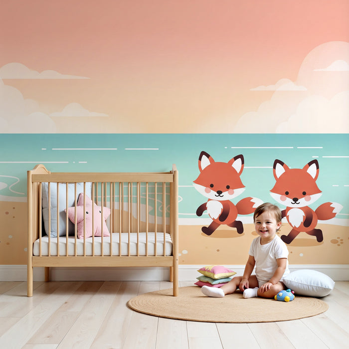 Papier peint chambre enfant | Renards amusants sur la plage