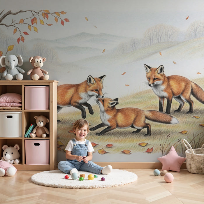 Kids room wallpaper | Playful foxes in autumn