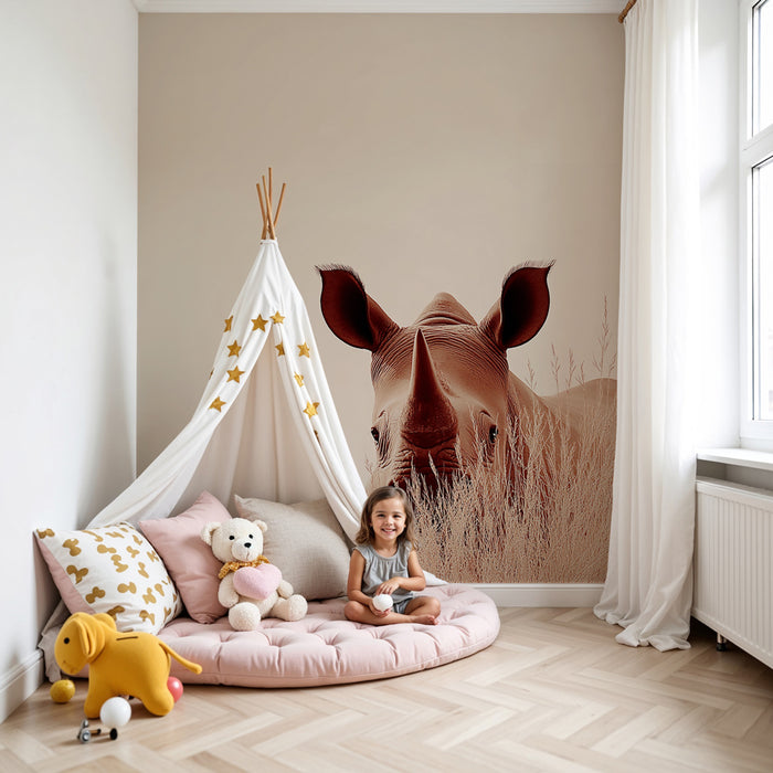 Papier peint chambre enfant | Rhinocéros curieux dans la savane