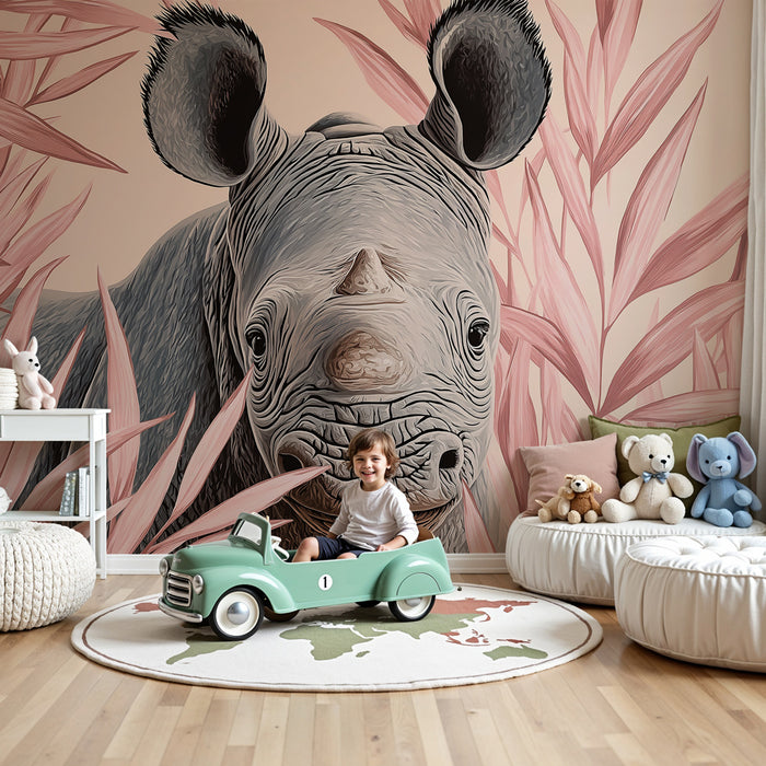 Papier peint chambre enfant | Rhinocéros dans la jungle pastel