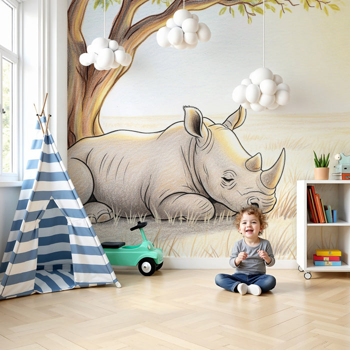 Kinderzimmer Tapete | Friedlicher Nashorn unter dem Baum