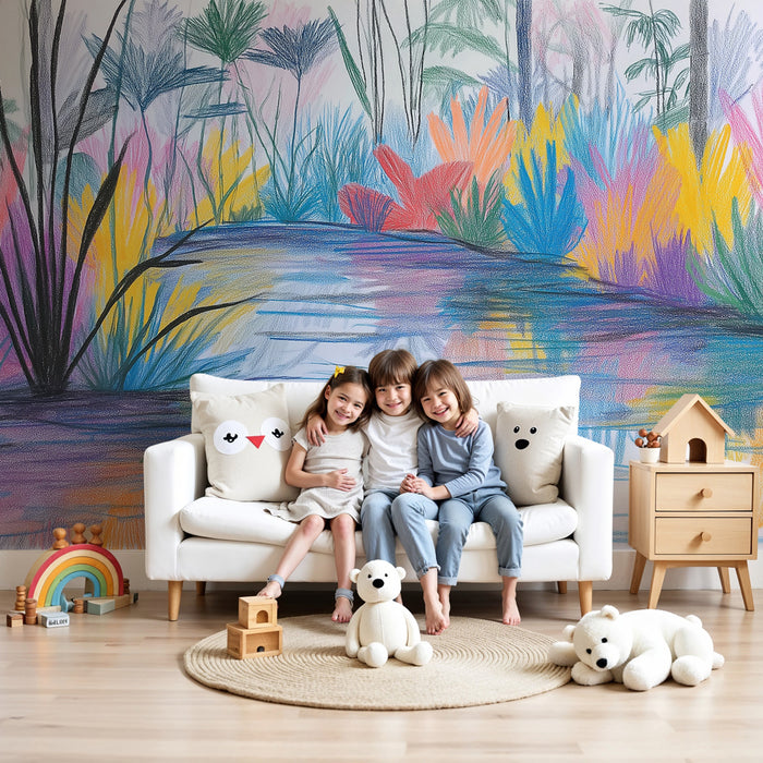 Papier peint chambre enfant | Rivière colorée et végétation éclatante