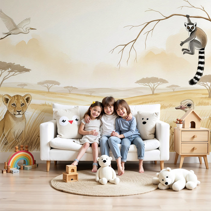Papier peint chambre enfant | Safari africain avec animaux exotiques