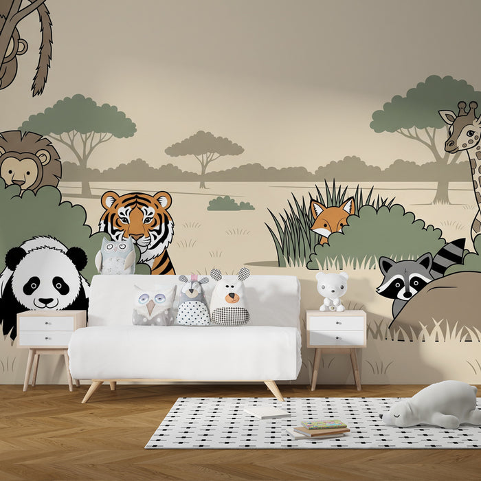 Papier peint chambre enfant | Safari amusant avec des animaux