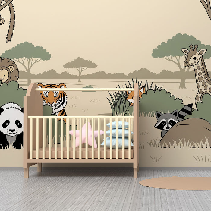 Papier peint chambre enfant | Safari amusant avec des animaux