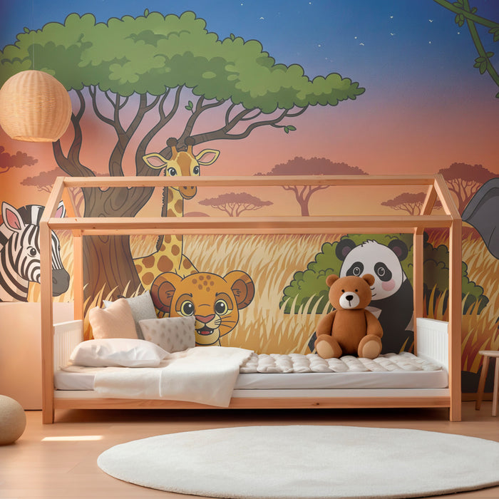 Papel de parede criança | Divertida selva com animais adoráveis