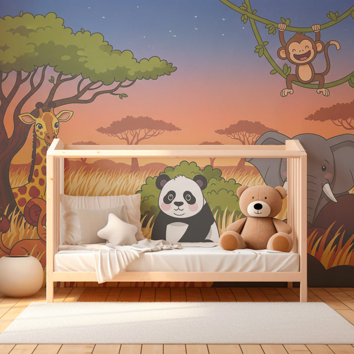 Papel de parede criança | Divertida selva com animais adoráveis