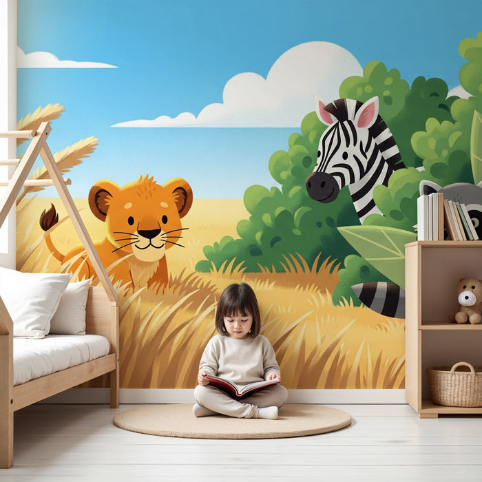 Papel pintado infantil | Safari divertido con león, cebra y mapache