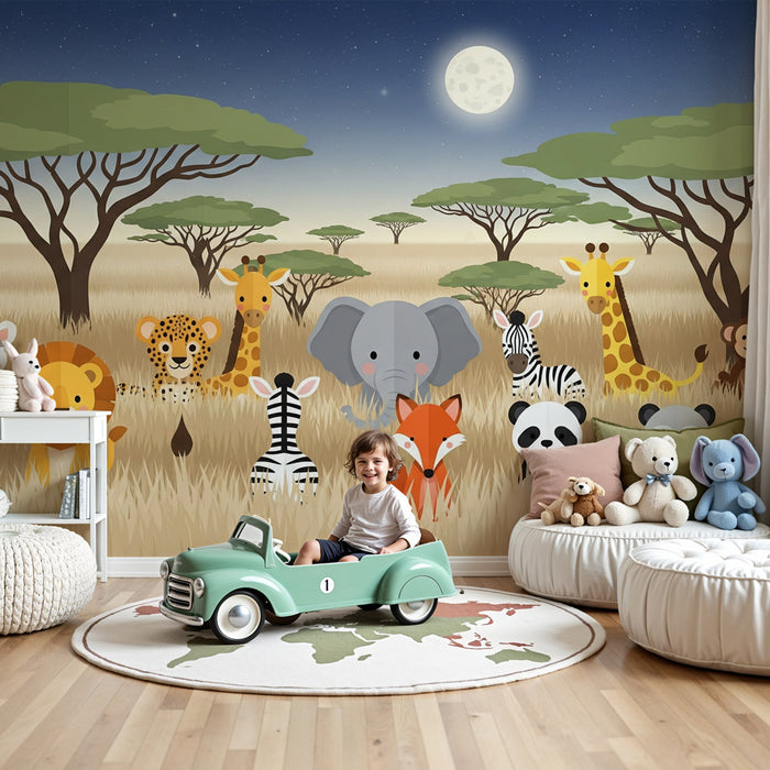 Papier peint chambre enfant | Safari animalier joyeux