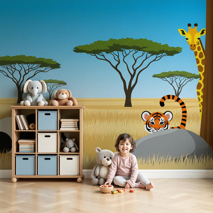 Kids room wallpaper | Animated safari with panda, tiger and giraffe