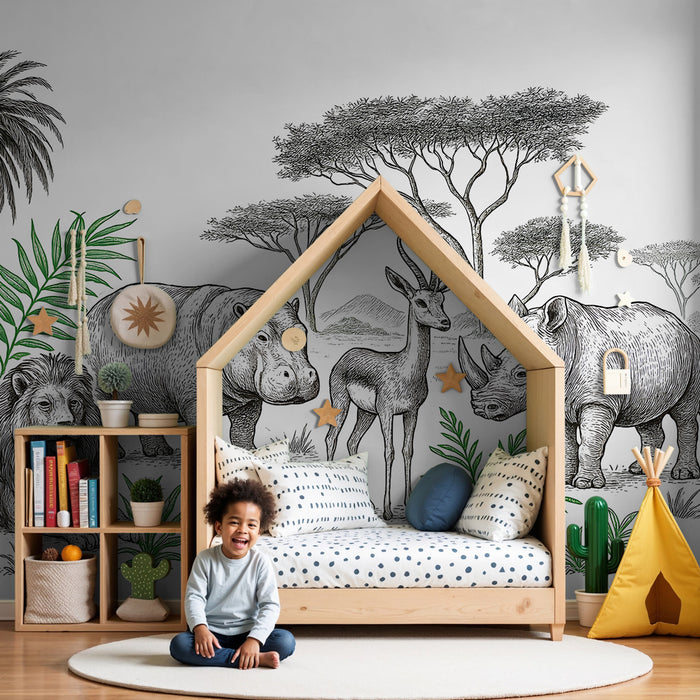 Papier peint chambre enfant | Safari au coeur de la savane