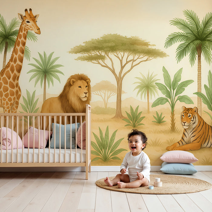 Papier peint chambre enfant | Safari avec animaux majestueux
