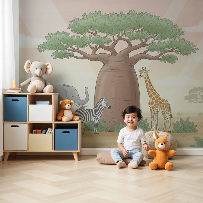 Papier peint chambre enfant | Safari avec éléphant, zèbre et girafe