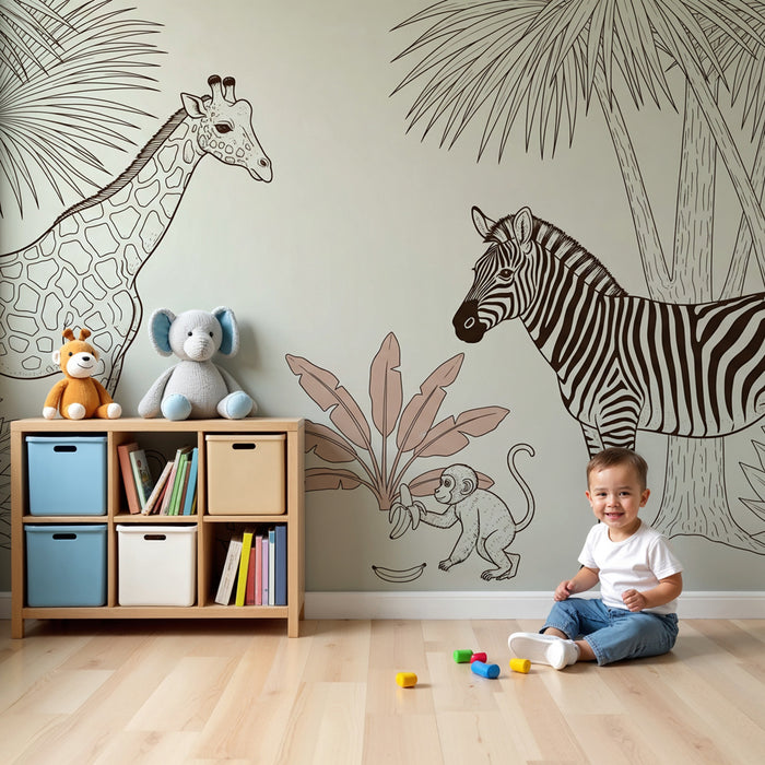 Papier peint chambre enfant | Safari avec girafe, zèbre et singes amusants