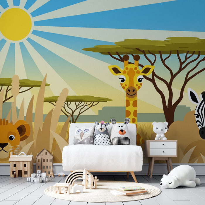 Papier peint chambre enfant | Safari coloré avec animaux de la savane