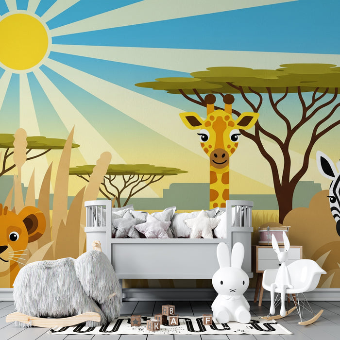 Papier peint chambre enfant | Safari coloré avec animaux de la savane