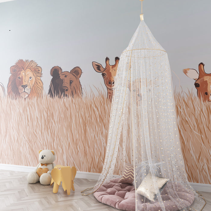 Papier peint chambre enfant | Safari coloré avec animaux de la savane