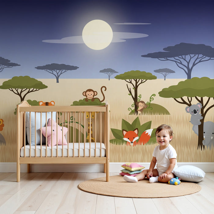 Kids room wallpaper | Värvikas safarimustriga armsate loomadega