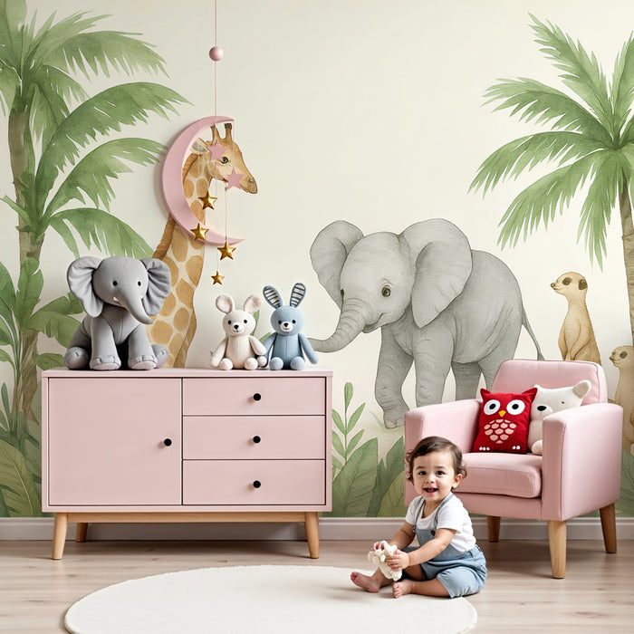 Papier peint chambre enfant | Safari coloré avec éléphants et girafes