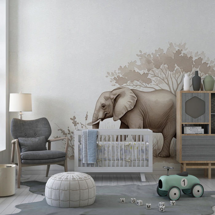 Papel de parede criança | Safari suave com elefante e zebra